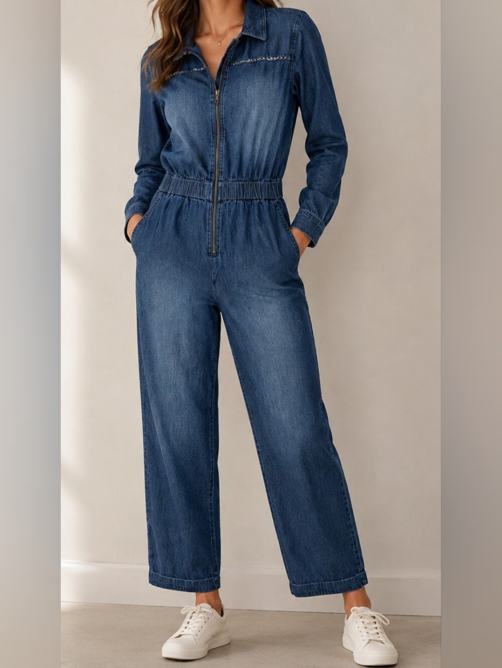 Reiss Marnie 13-14 yrs Elasticated Embellished Denim Jumpsuit in Blue